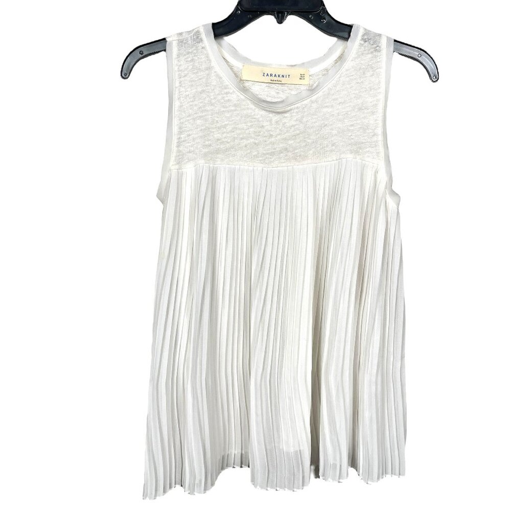Zara Knit Tank Top Womens Medium White Pleated Linen Blend Flowy Sleeveless